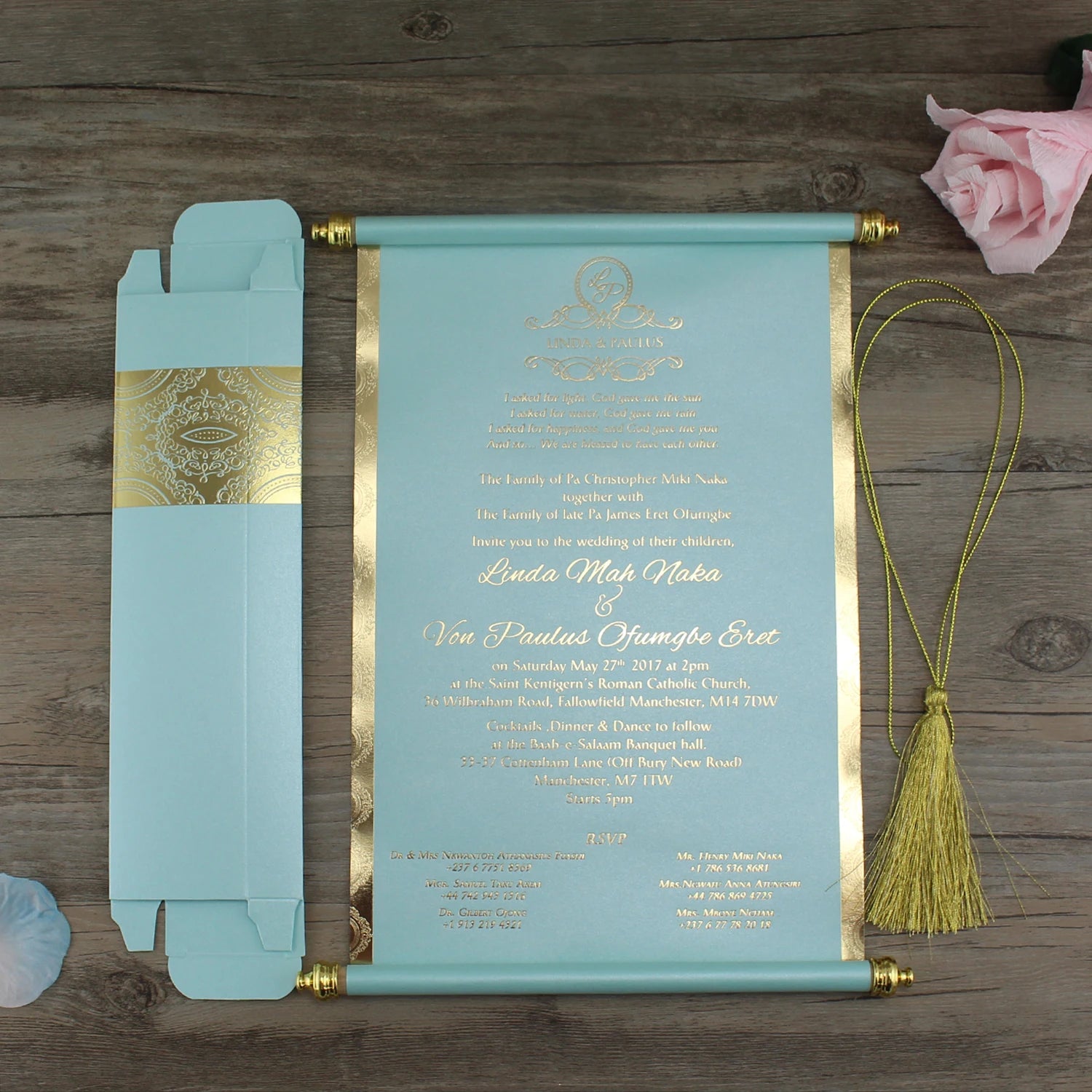 Custom Gold Foil Scroll Invitations for Wedding Birthday Powder Sky Blue Multiple Colors Available