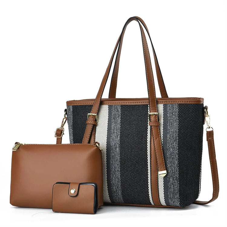 Wholesale Pu Leather Black Lady Hand Bags Luxury Waterproof Designer New Arrival Vintage Women 3 Piece Handbag Sets Striped