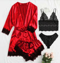 Hot Selling XS-2XL Satin Korean Four Piece Lingerie Sleepwear V Neck Nightwear Pajamas for Women Elastic Waist for Summer