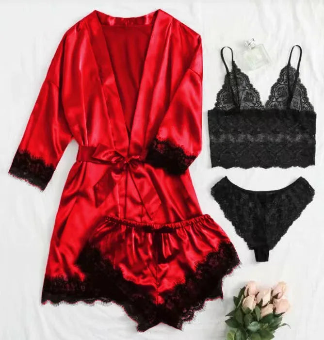 Hot Selling XS-2XL Satin Korean Four Piece Lingerie Sleepwear V Neck Nightwear Pajamas for Women Elastic Waist for Summer