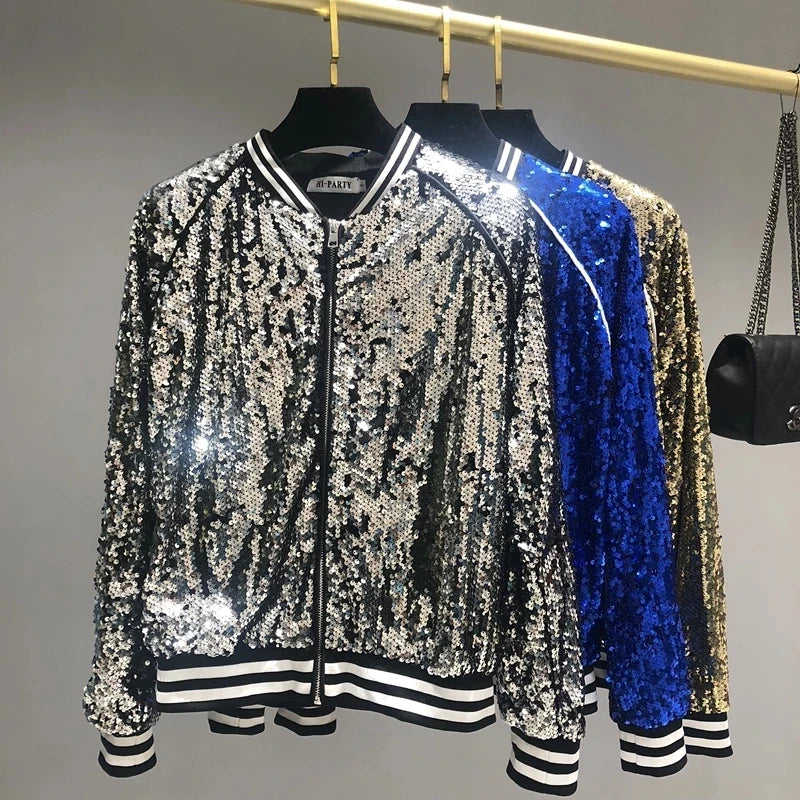 Women Sequins Sparkly Coat Long Sleeve Zipper Lined Hip Hop Jacket New Lady Party Dance Performance Shiny Coat