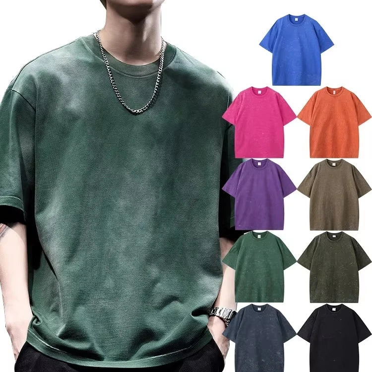 OEM Retro Cotton Heavyweight American Street Short Sleeved Mens Oversized Print Tee Logo Acid Washed Vintage Custom T Shirt