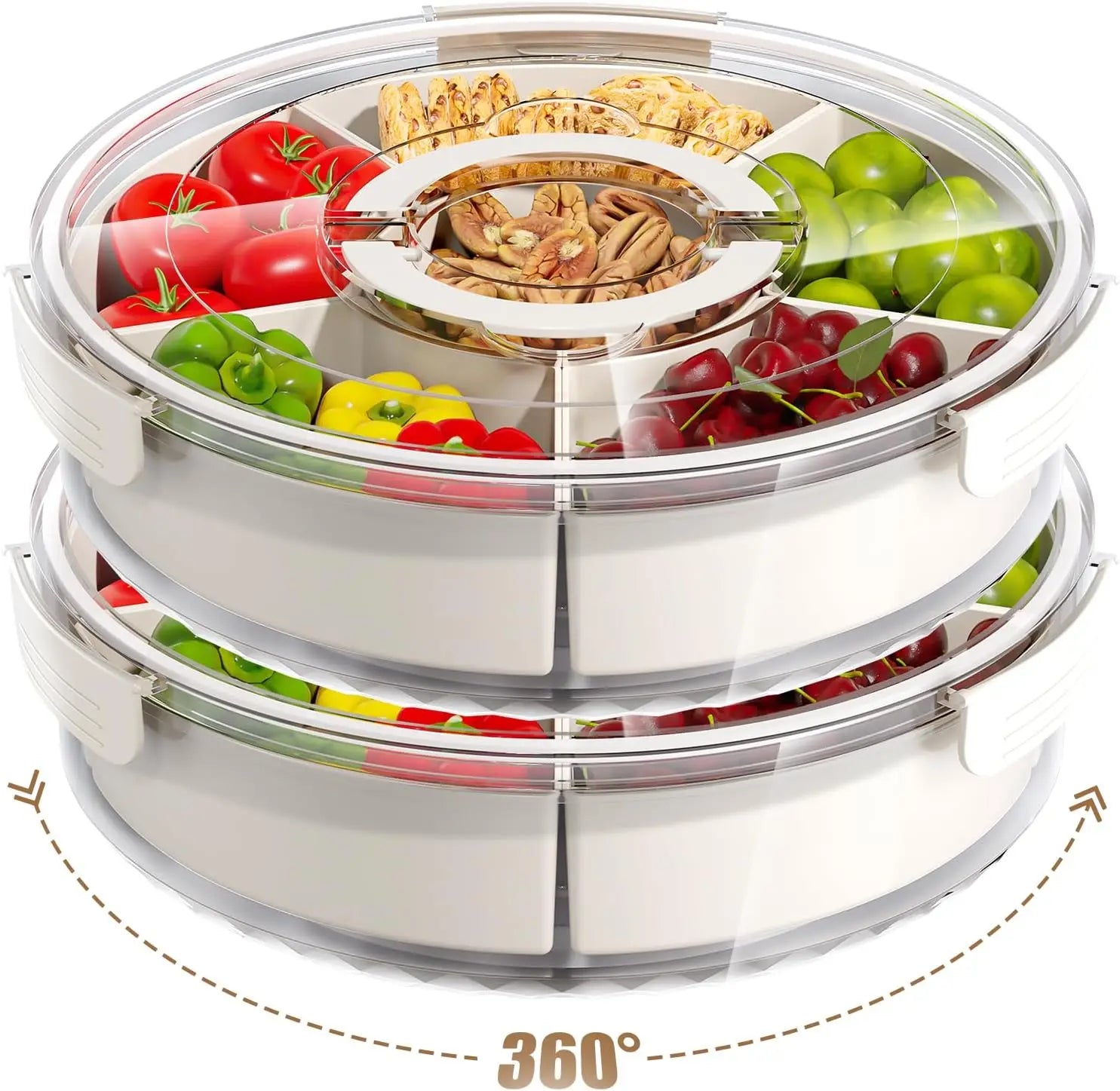 Divided Rotating Serving Tray with Lid and Handle Portable Snackle Box Clear Snack Spinner Organizer and Storage