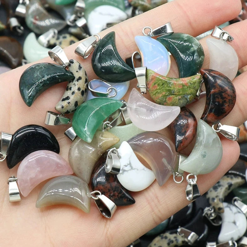 12*18mm Natural Gemstone Blood Stone Opal Rose Quartz Mini Moon Pendant for DIY Necklace Jewelry Making