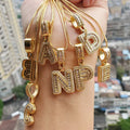 Bling Crystal Iced Out Gold Plated Baguette Alphabet Letter Charm Pendant Necklaces Initial Charm Chain Necklace for Women