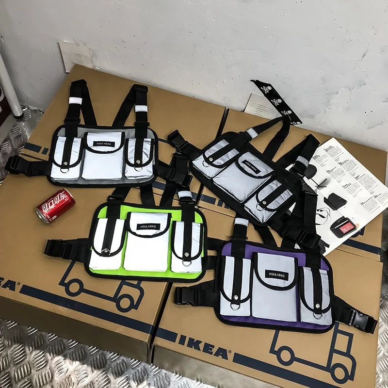Custom Reflective Adjustable Fashion Leisure Hiking Daypack Chest Front Pocket Bag with Earphone Hole Design
