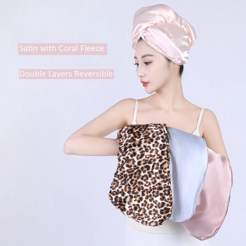 Satin Coral Fleece Hair Towel Double Layers Reversible Anti Frizz Quick Drying Hair Turban Satin Silk Hair Turban