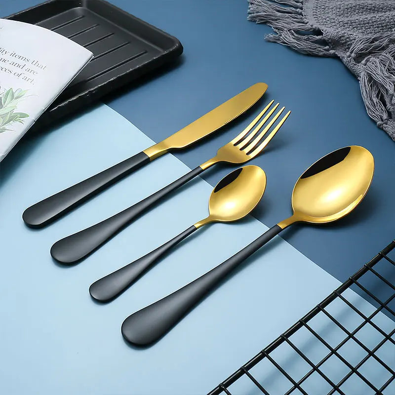 Luxury Gold Cutlery Set Stainless Steel Black Handle Spoon Fork Set Flatware Wholesale Reusable Wedding Cutlery MegaBDM