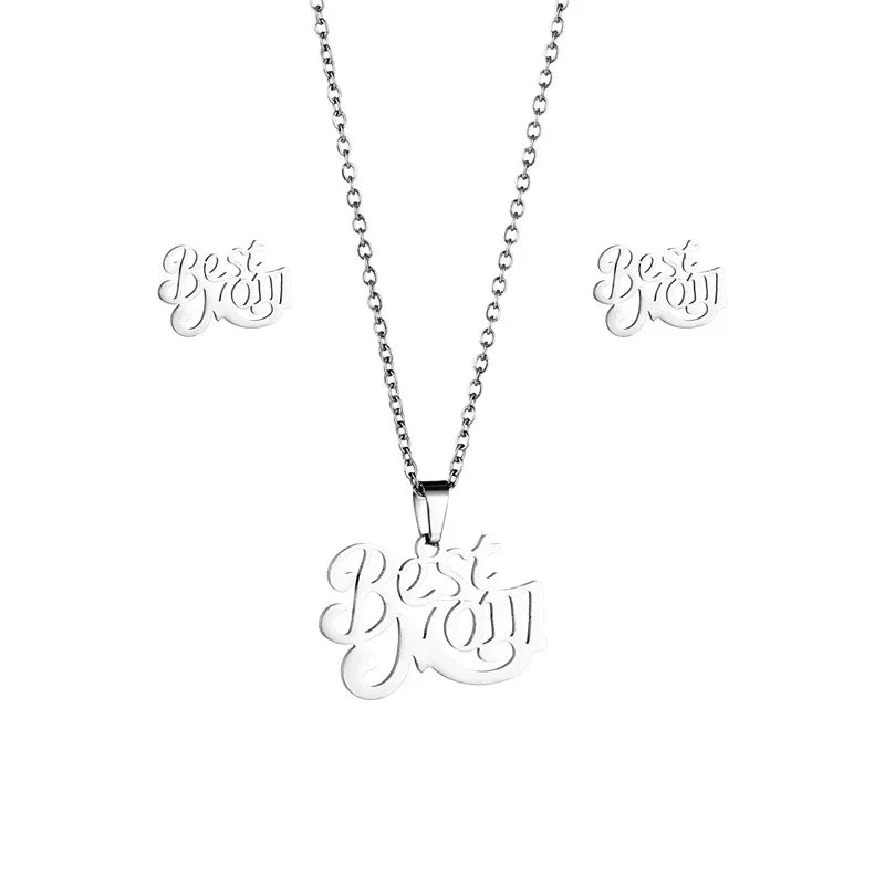 Risingmoon SilverJewelry Sets for Women Stud Earrings 316L Stainless Steel Best Mom Letter Pendant Necklace for Mother Day Gift