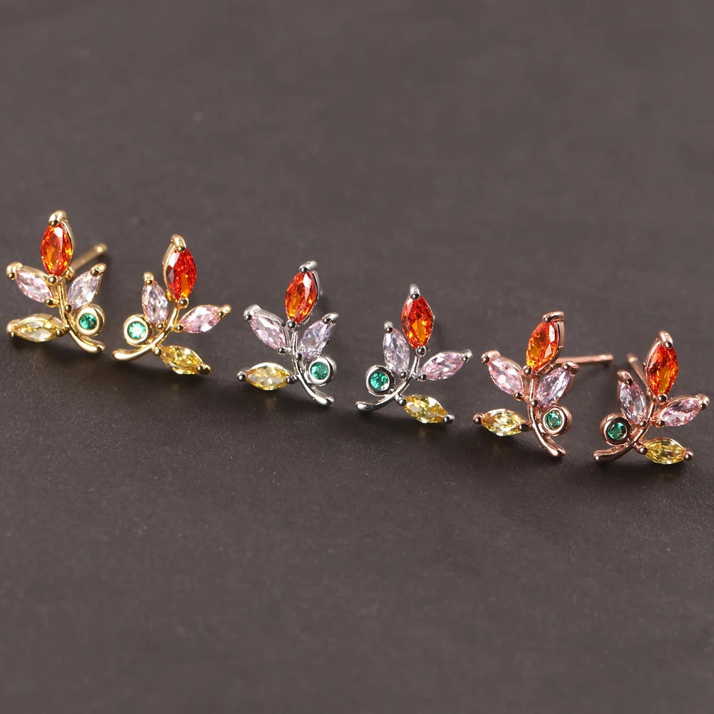 Exquisite Temperament High-end Feeling Leaf Earrings Forest Style Super fairy Colored Zircon Earrings