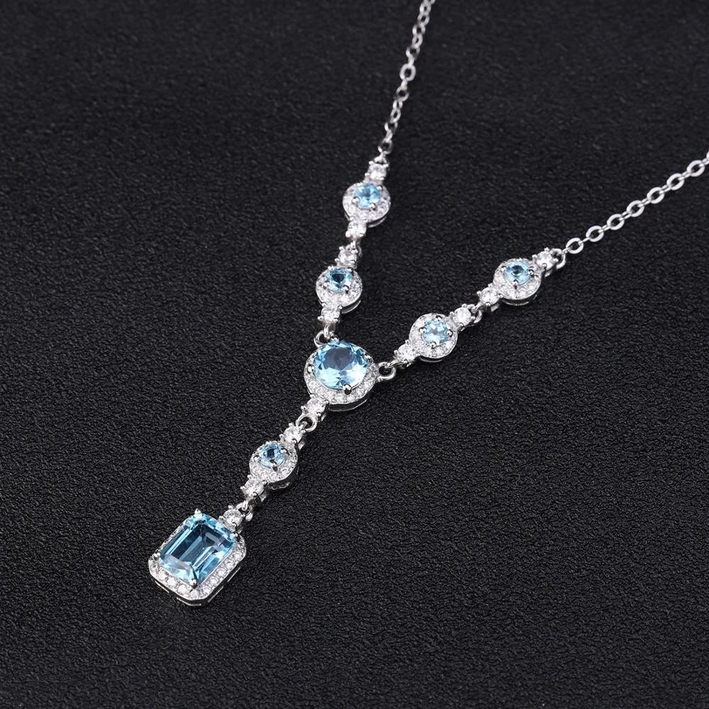 Abiding Premium 925 Sterling Silver Women Chain Link Natural Swiss Blue Topaz Emerald Cut Pendant Necklace