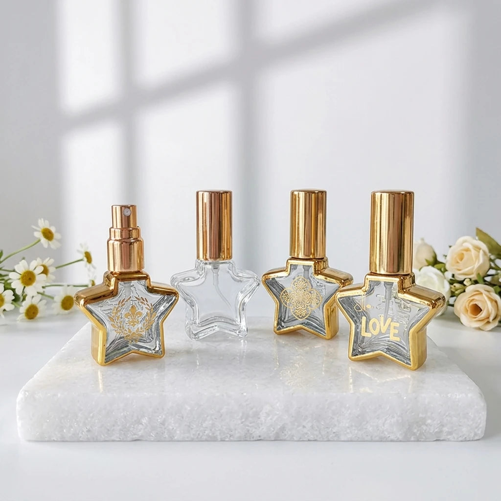 Portable 8ml Gold Stamping Glass Perfume Bottle Star Shaped Refillable with Fine Mist Sprayer Empty Glass Bottles