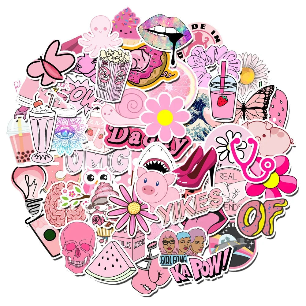 100Pcs Cute Pink Girl Label Sticker Adhesive for Kids Skateboard Luggage Laptop Water Bottle Vsco Fresh Custom Stickers