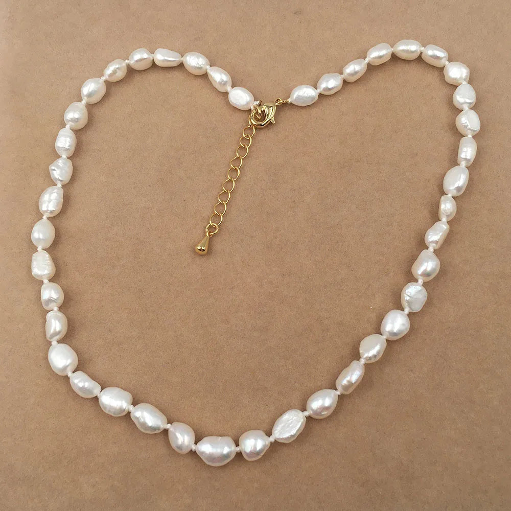16 Inch+5 CM Choker Necklace 100% Natural Freshwater Pearl 7  MM  Baroque Beads Knotted Clasp Stainless Steel 18k GOLD PLATING