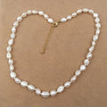 16 Inch+5 CM Choker Necklace 100% Natural Freshwater Pearl 7  MM  Baroque Beads Knotted Clasp Stainless Steel 18k GOLD PLATING