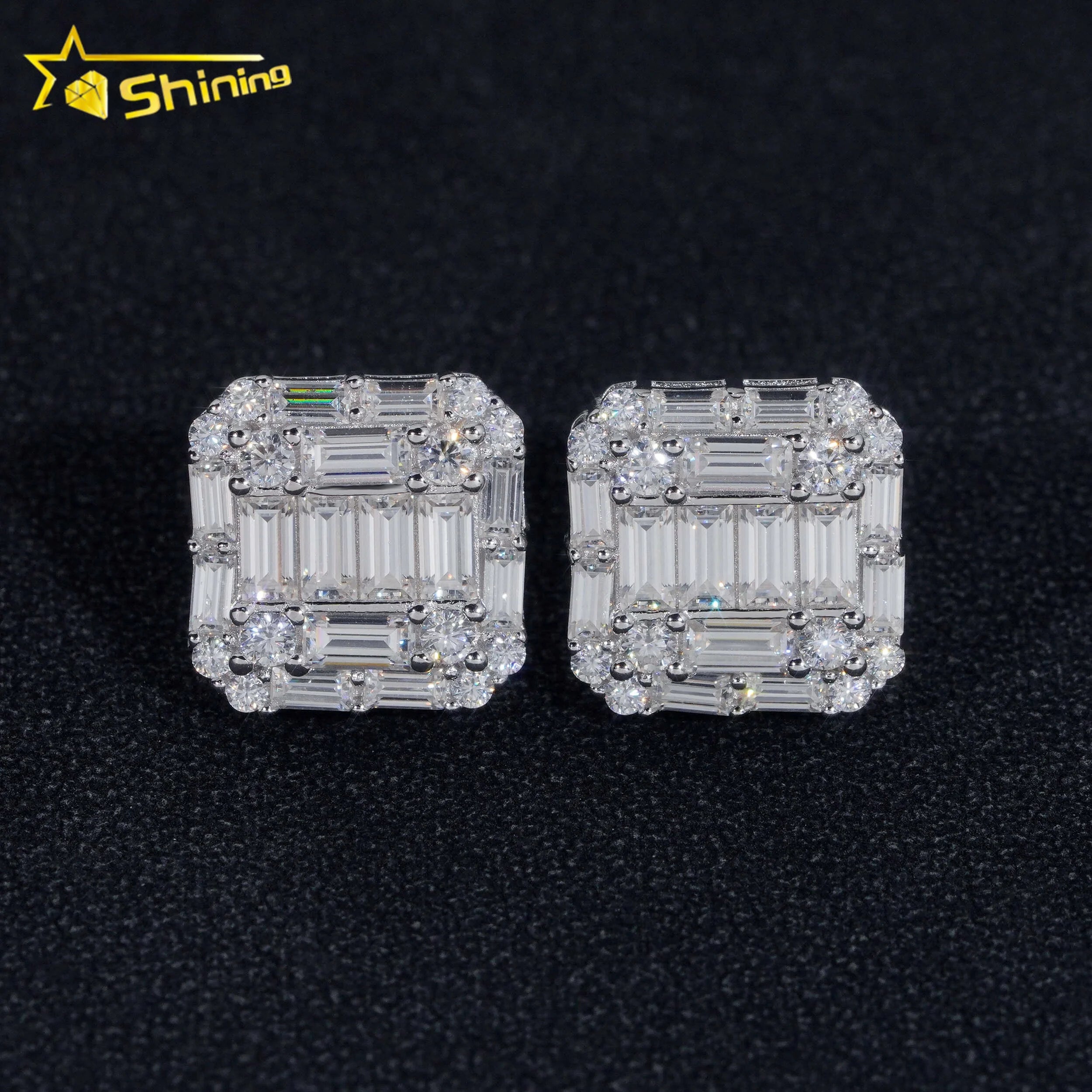 Wholesale Price Hip Hop Style Baguette Moissanite Square Shape 925 Silver Mens VVS Diamond Earrings