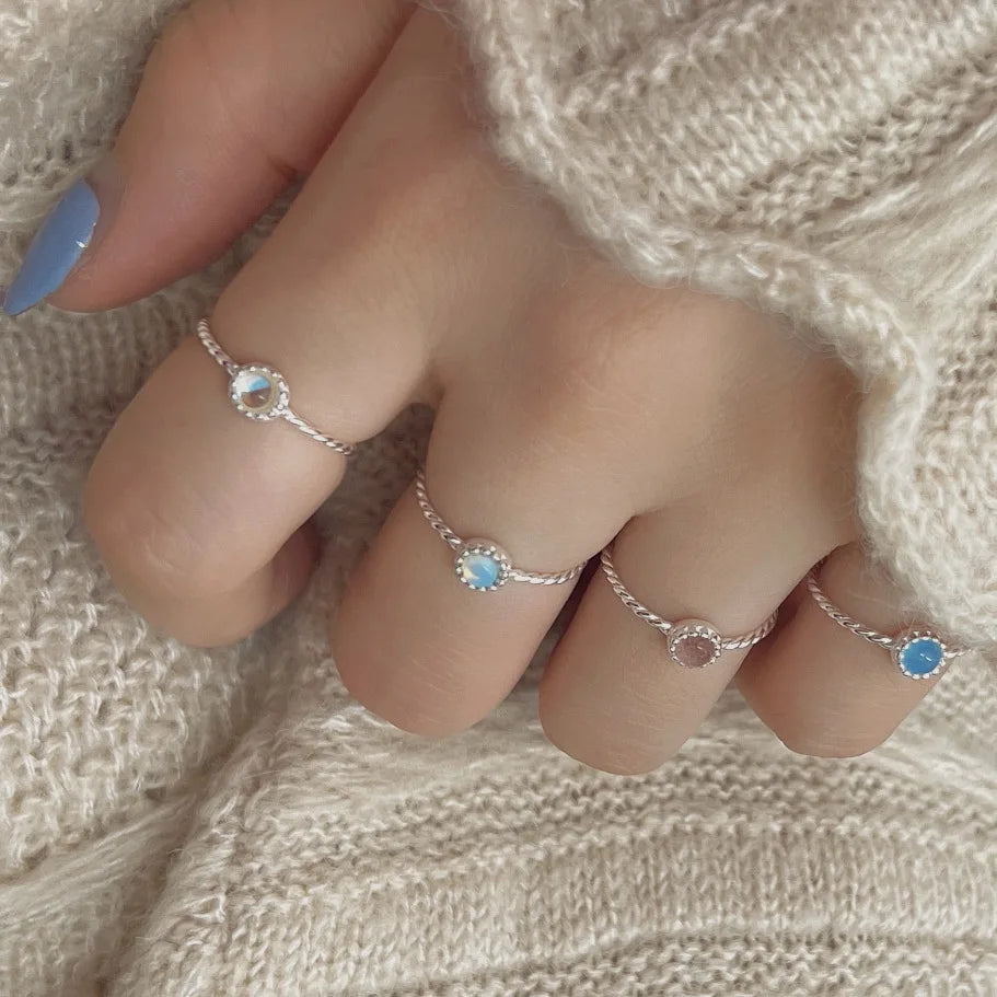 Dainty 925 Sterling Silver Twist Bezel Setting Colorful Crystal Moonstone Round Adjustable Finger Ring for Women