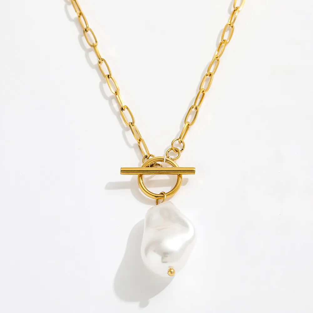 Fenny Jewelry Wholesale 18K PVD Plated Waterproof Baroque Pearl Pendant Toggle Pin Link Chain Stainless Steel Necklace for Women