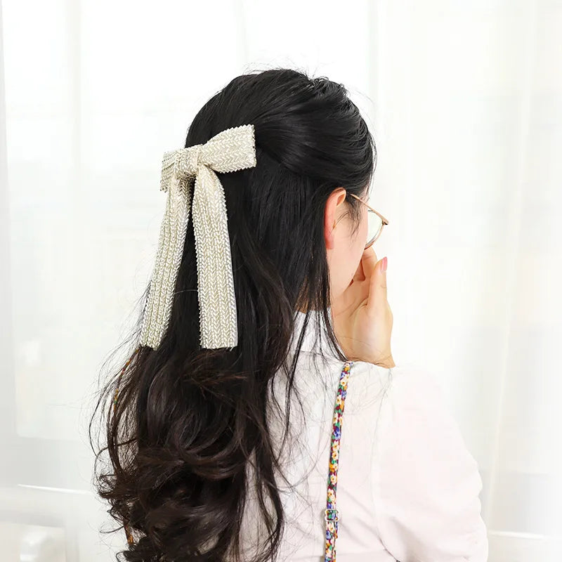 ShanHai Luxury Pearl Bow Hair Clip with Beaded Long Tail Spring Clip Fashionable and High-quality Bridal Bow Hair Clip