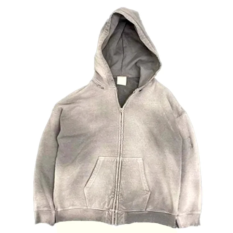 Factory High Quality Wash Distressed Zip Hoodie Custom Logo Boxy Heavyweight Vintage Acid Wash 3D Silicone Print Zip up Hoodies