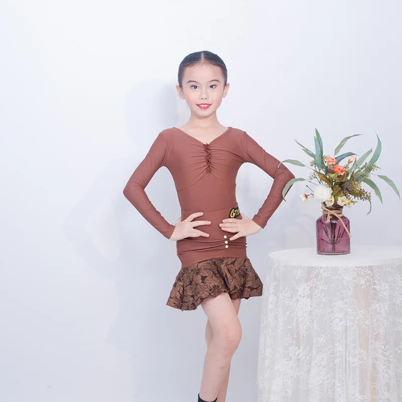 Long Sleeve Girls Practice Training Clothes Latin Dance Dress