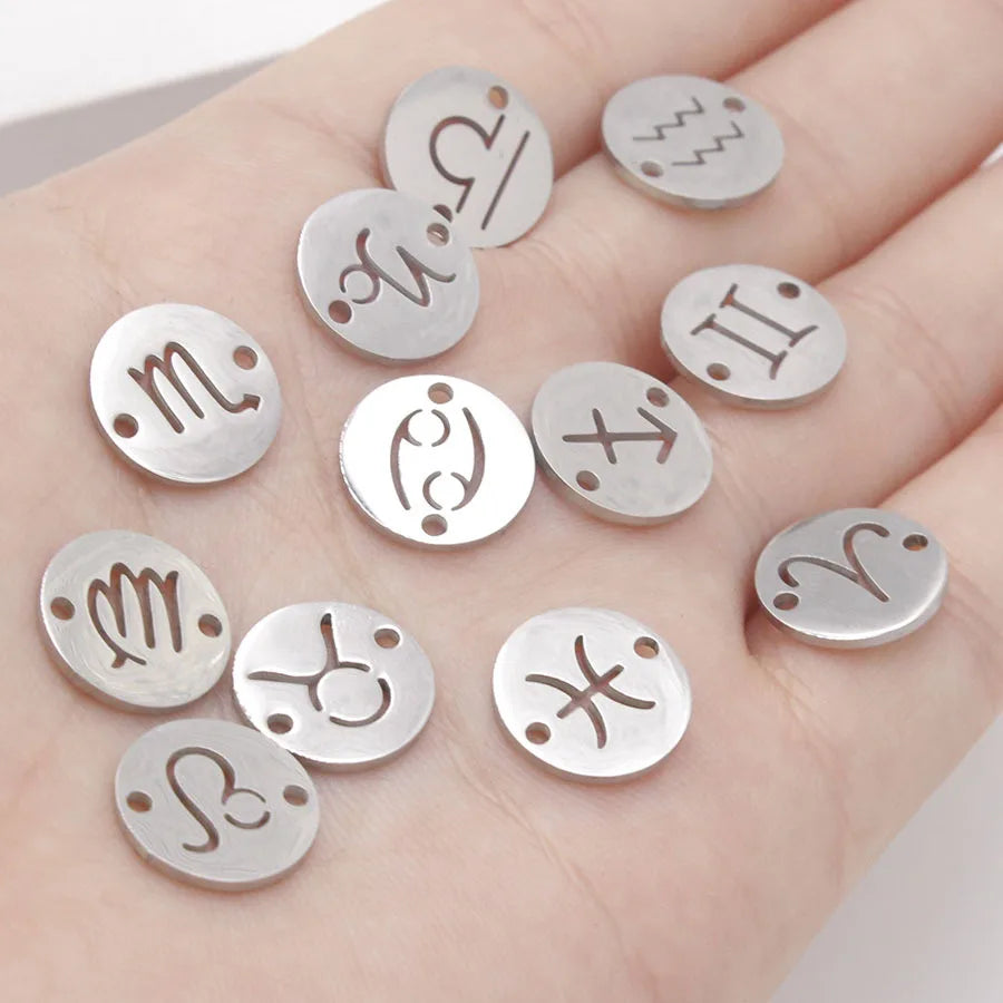 12 Zodiac Stainless Charm Steel Silver Gold Mirror Polished Necklace Bracelet Pendant Charm for DIY Jewelry