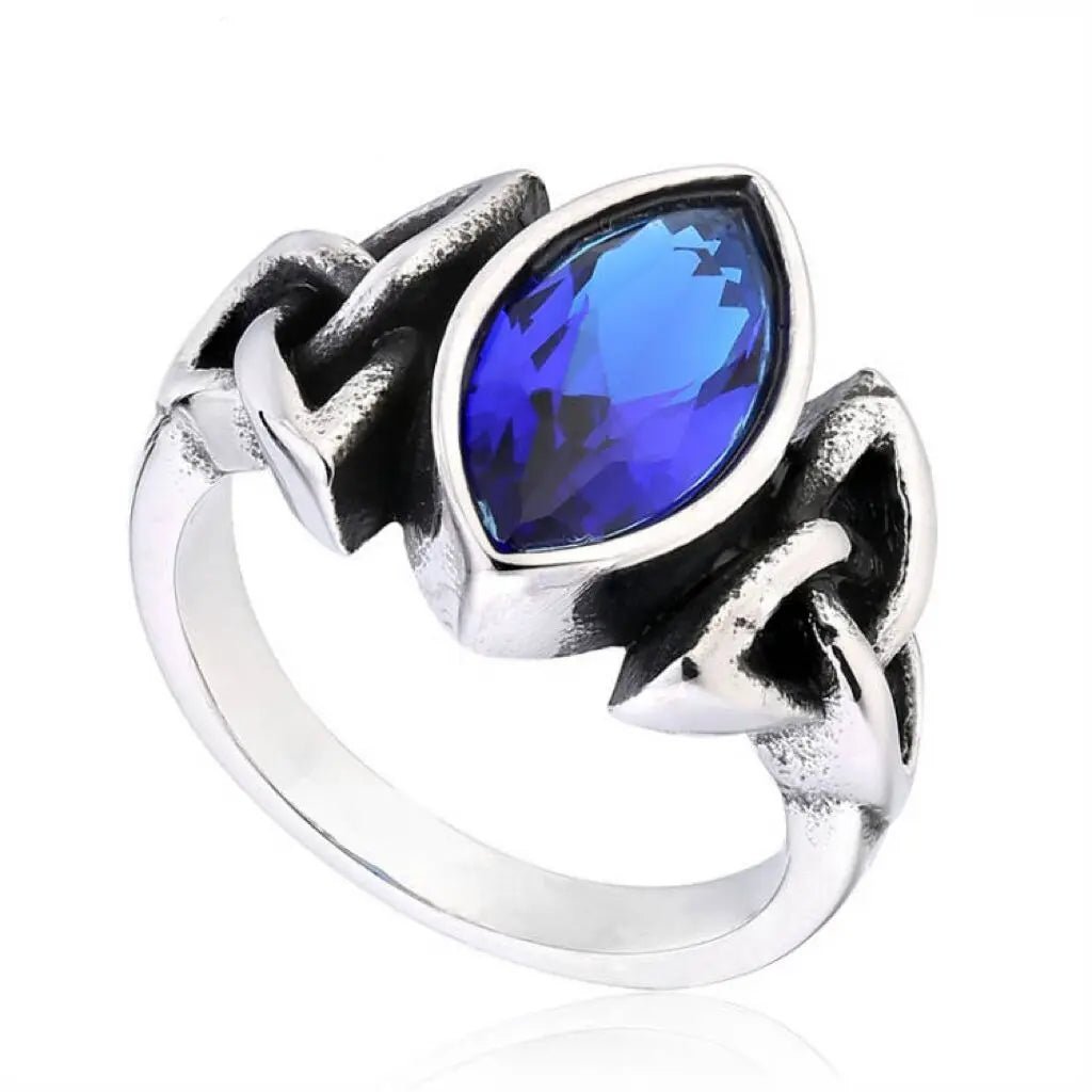 Fashion Jewelry Ring Blue/Red/Black Gemstone Celtic Knot Stainless Steel Ring for Men Wedding Band Size 7-13