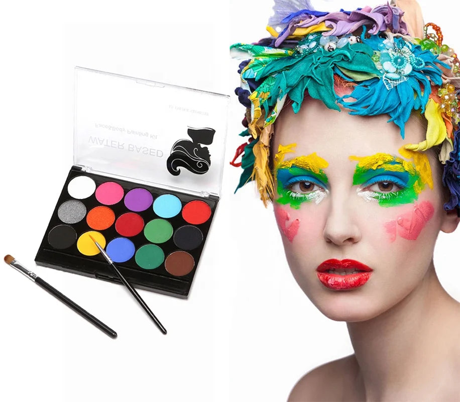 15-Color Non-Toxic Water Base Face and Body Paint Art Makeup Kit with Brush for Cosplay and Body Painting Supplies