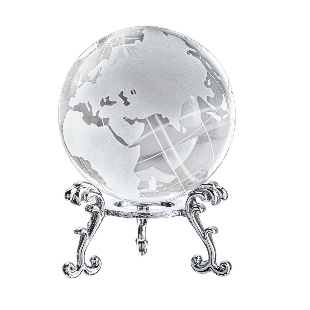 Hot sale World Globe Crystal Ball 6cm Paperweight Glass Earth Decorative Balls with Metal Stand Decor for Home Office Table