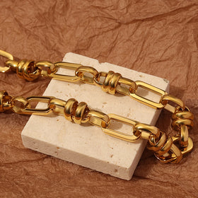 Classic Handmade Vintage Trendy Chunky Link Chain Waterproof Stainless Steel Gold Plated Paperclip Knot Necklace Gift