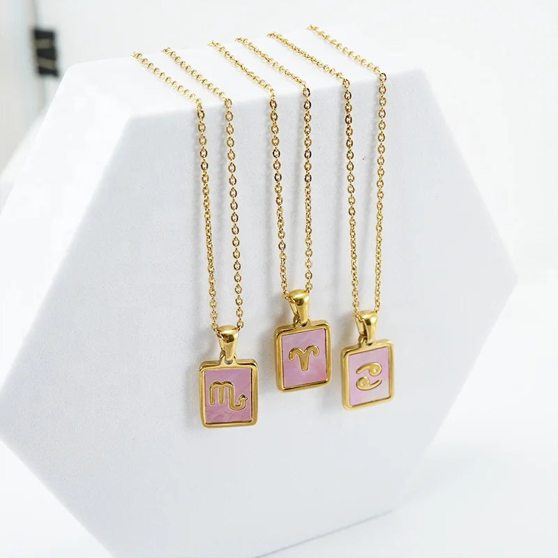 18k Gold Plated Black Acrylic White Pink Sea Shell Inlaid Stainless Steel Pendant 12 Zodiac Sign Astrology Necklace