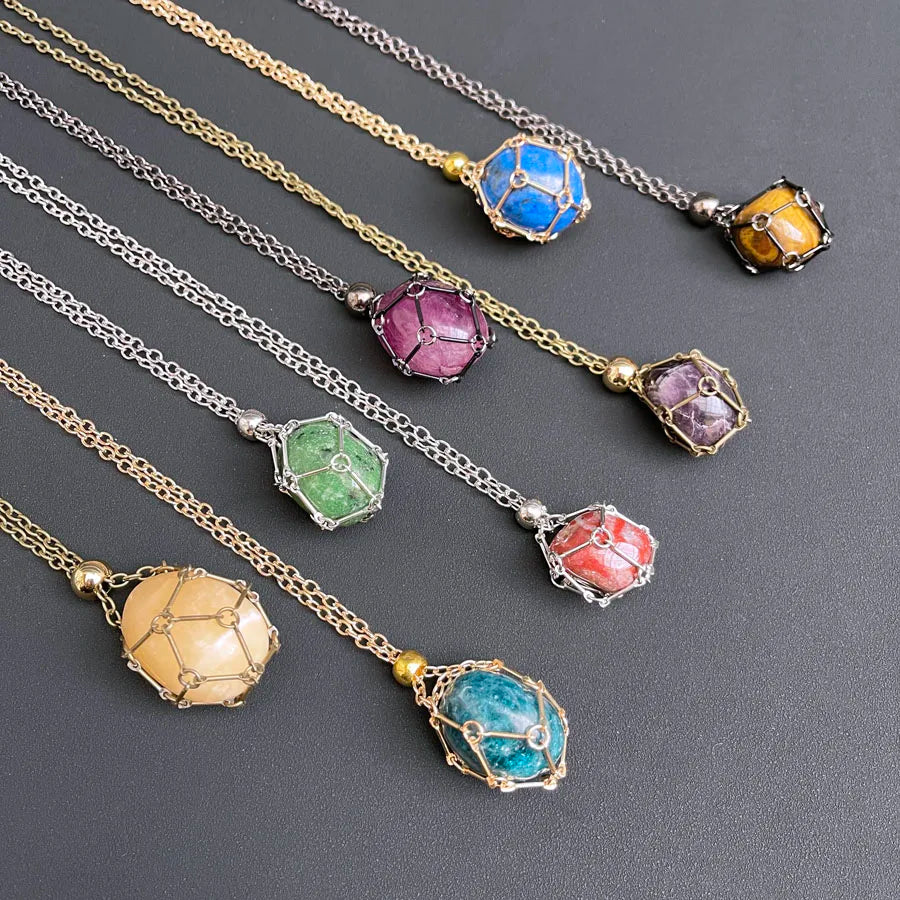 Adjustable Stainless Steel Metal Net Raw Tumbled Crystal Stone Holder Cage Necklace
