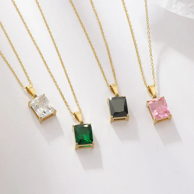 New Fashion High Quality Lasting Stainless Steel Color CZ Square Pendant Necklace Earring Set for Women B-429