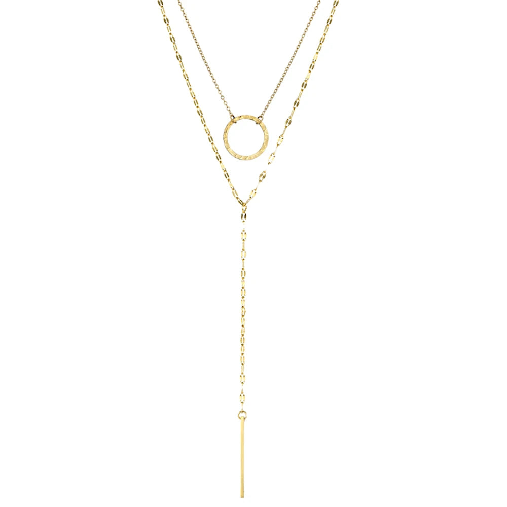 14K Gold Plated Stainless Steel Y-Shaped Bar Necklace with Lip Chain Double Layered Link Chain Titanium Steel Choker