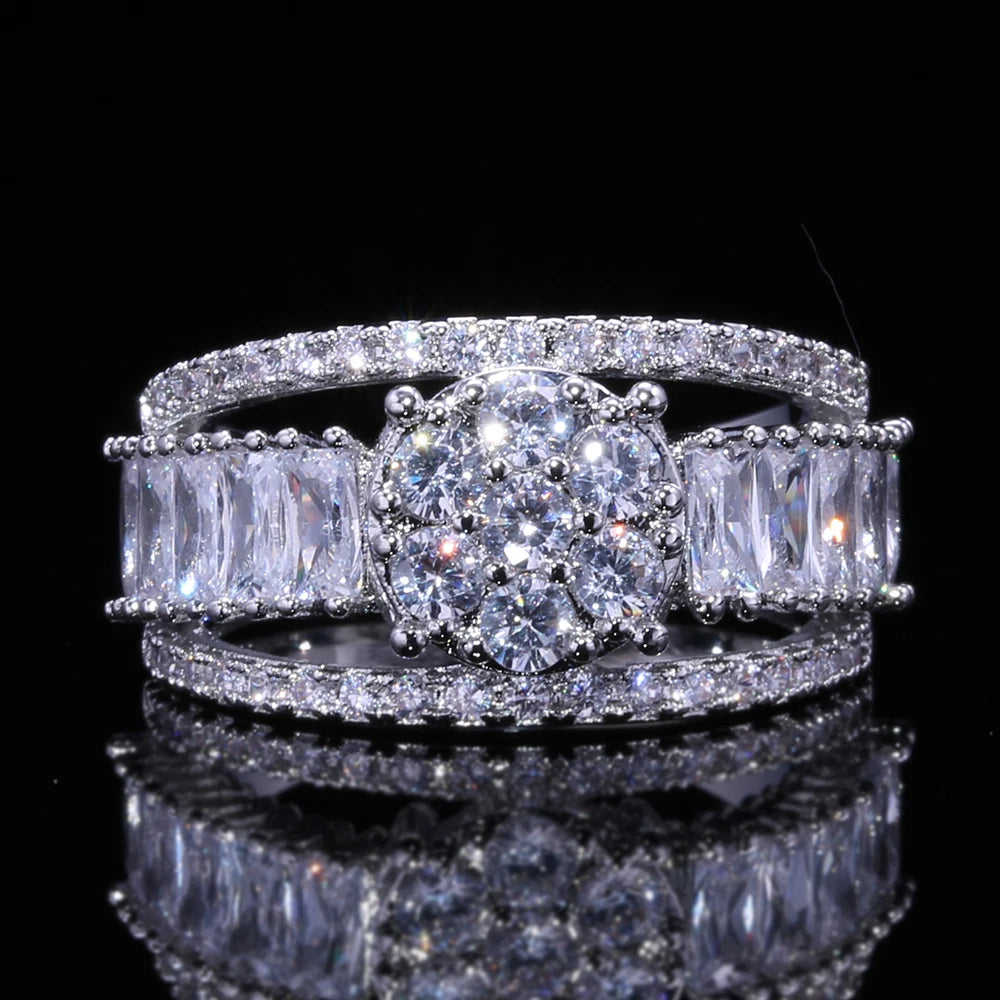 Huitan Luxury Anillos Many Rectangle Round Gemstones Full Around Zircon Rings Lady Girls Silver Fashion Women Eternity Rings