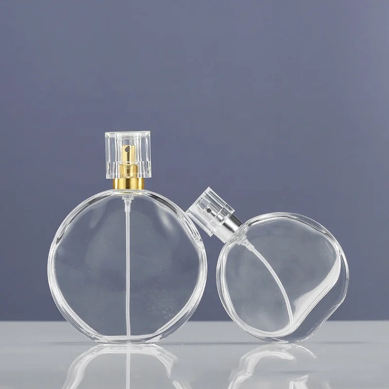 Recyclable 100ml Oval Flat Glass Bottles with Pump Sprayer Cap for Perfume Packaging