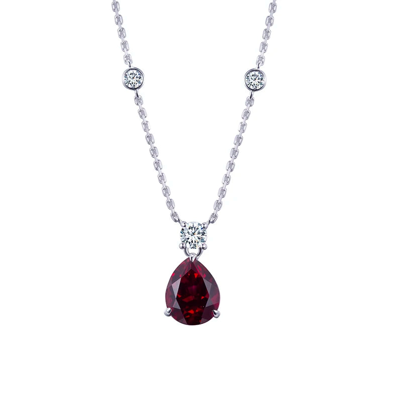 Messi Gems MSN-547 Custom Jewelry Pear 3CT Lab Grown Ruby Gemstone 18K Gold Lab Diamond Necklace