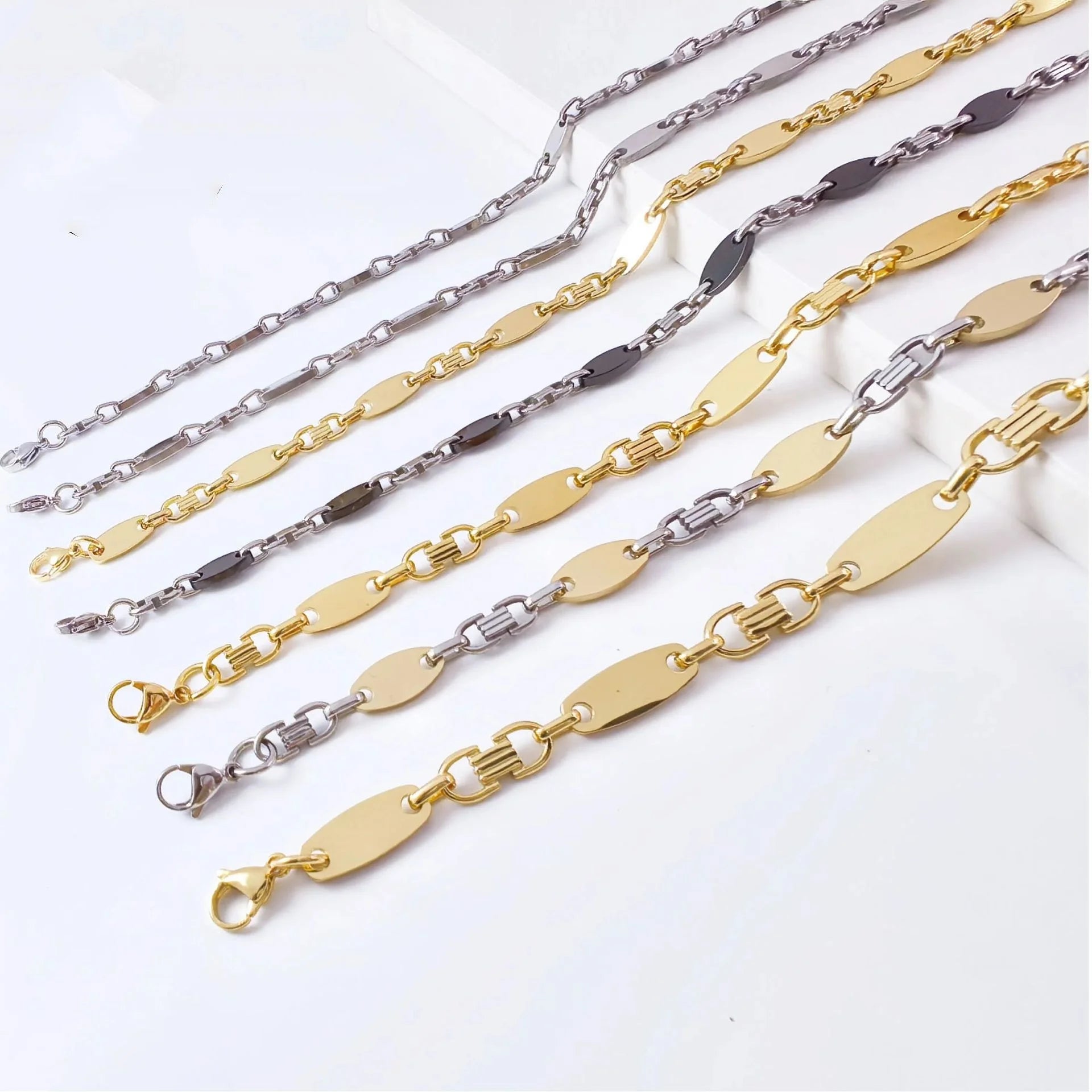 Fancy Stainless Steel PVD Gold Plated Handmade Flat Chain Atmosphere Unisex Necklace Bracelet Punk Jewelry Set for Men & Women