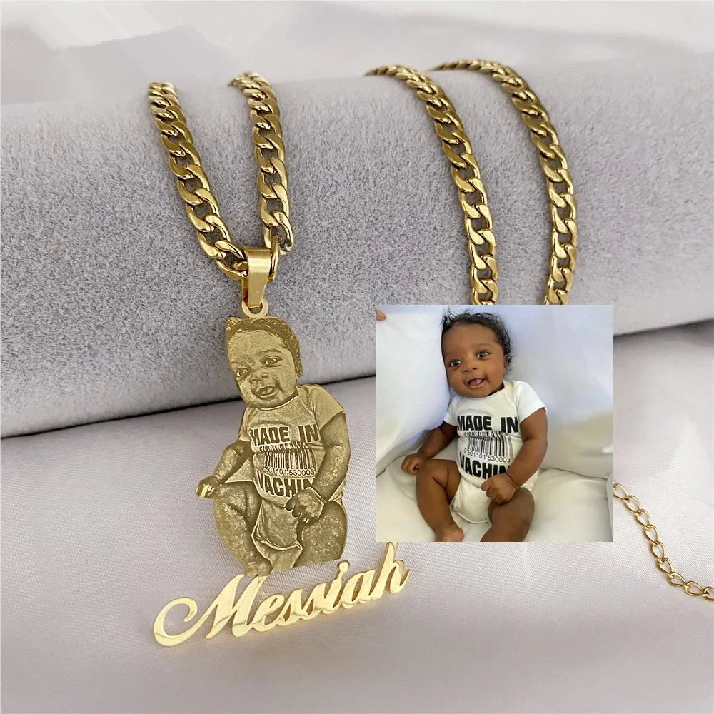 Lateefah OEM Custom Frosted Photo Name Stainless Steel  Kids Picture PVD Plated Necklace for Family Memory Gift
