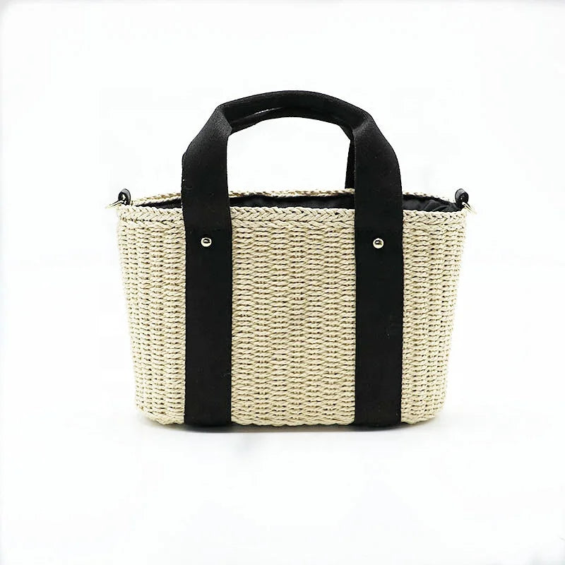 Wholesale Fashion Handmade Straw Bucket Bag with Webbing Handle Summer Straw Crossbody Bag for Lady