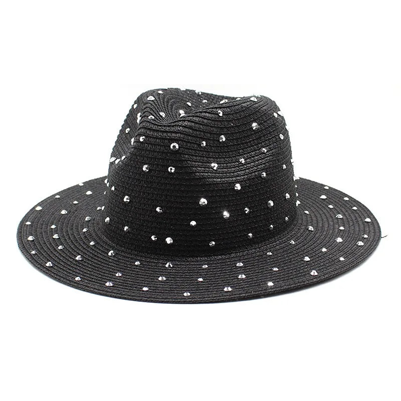 2023 Summer New Trendy Jewel Diamond Design Paper Straw Fedora Hats for Women Summer Fashion Dress