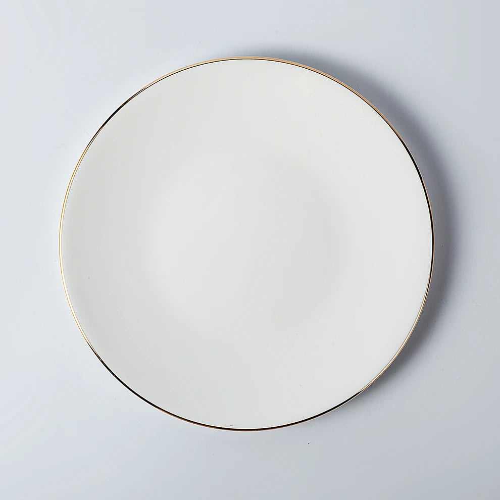 Luxury Bone China White Gold Rim Wedding Banquet Ceramic Dinner Plate Set for Restaurant Hotel