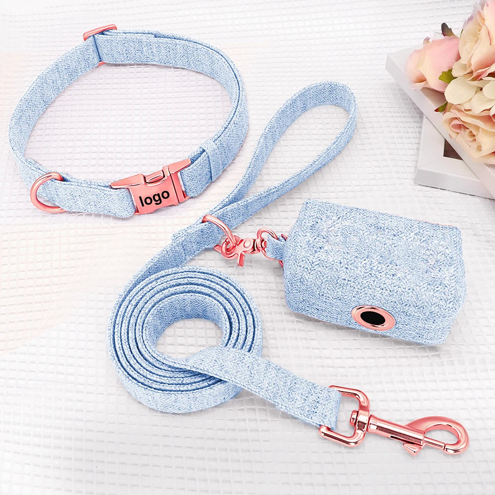 Rose Gold Metal Accessories Tweed Dog Collar with Matching Dog Leash Dog Poop Bag Holder