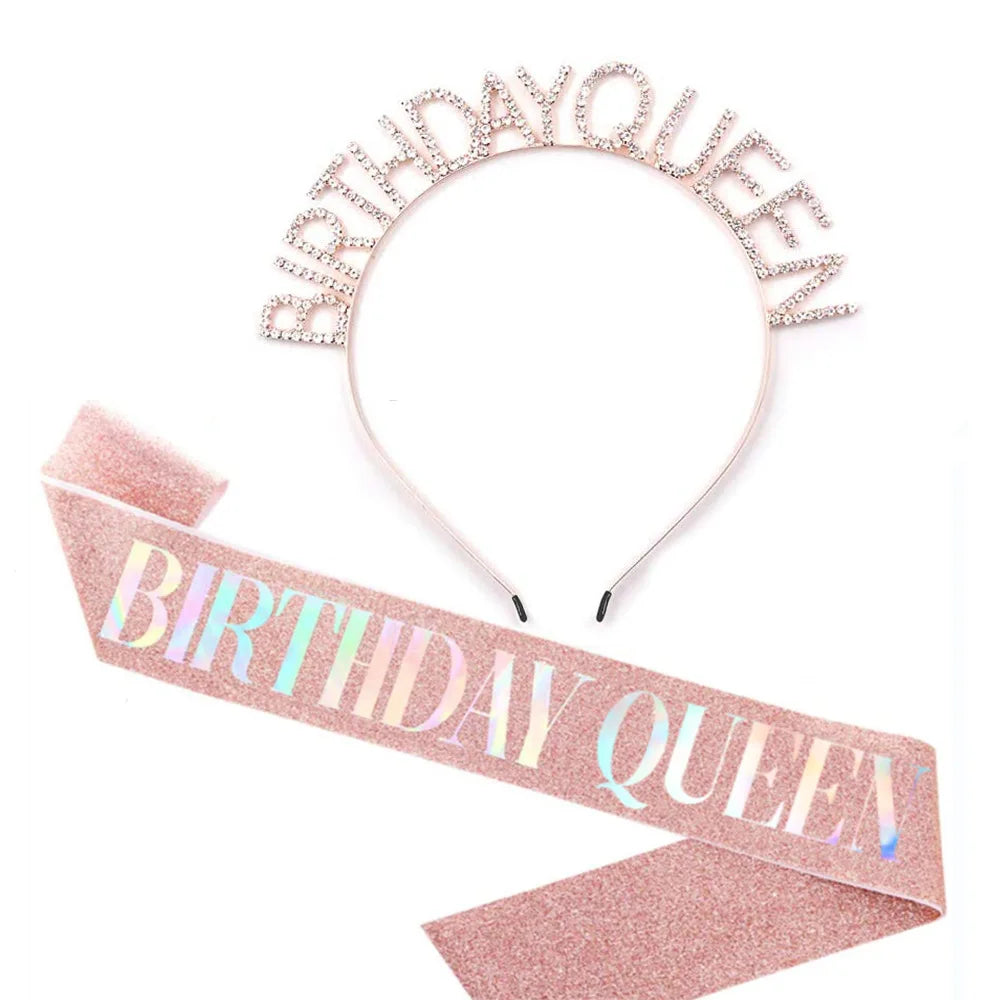 Birthday Girl Diamond Hair Hoop Birthday Queen Headband With Birthday Sash Party Jewelry Set