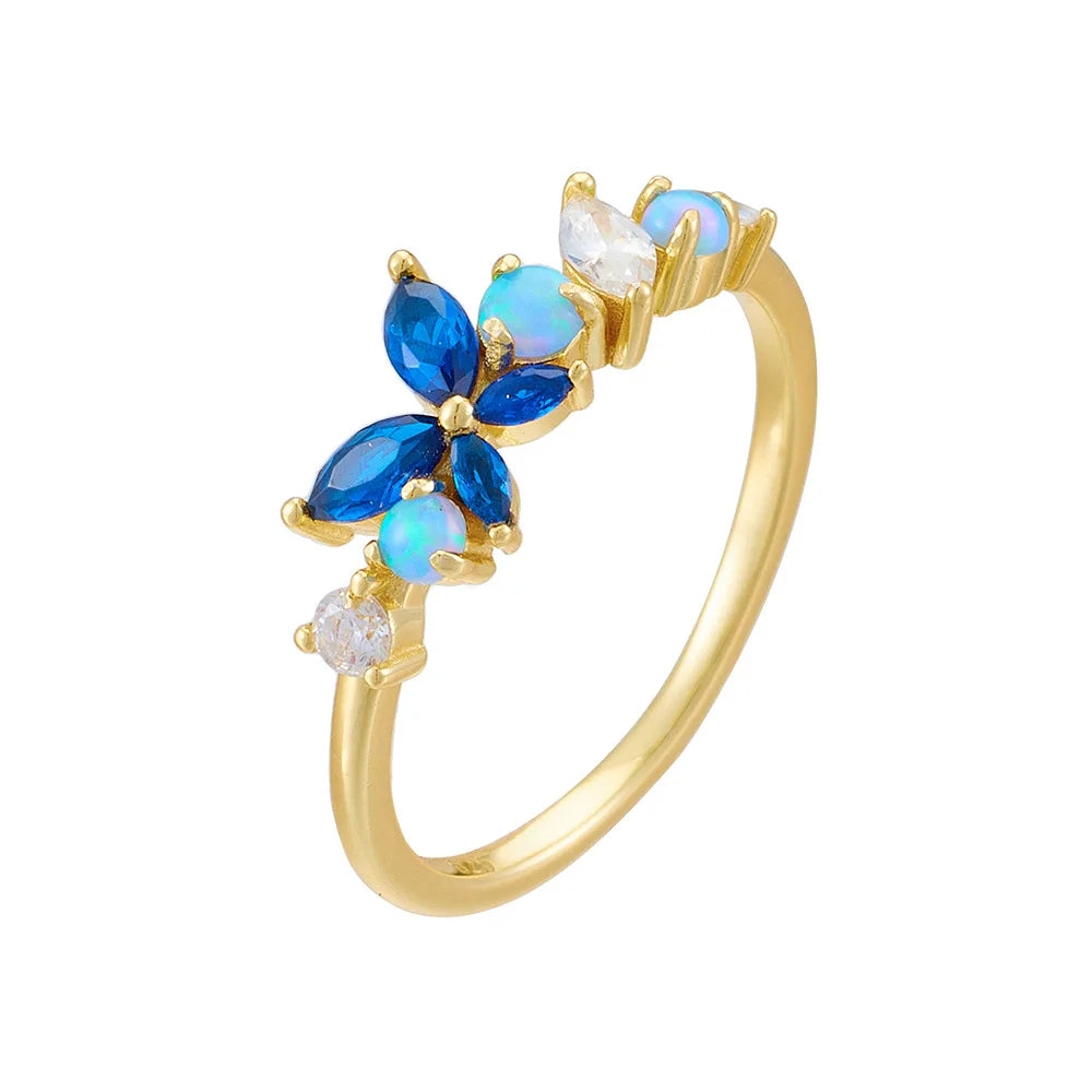 Light Luxury 925 Sterling Silver Blue Zircon Engagement Rings Gold Plated Opal Butterfly Design
