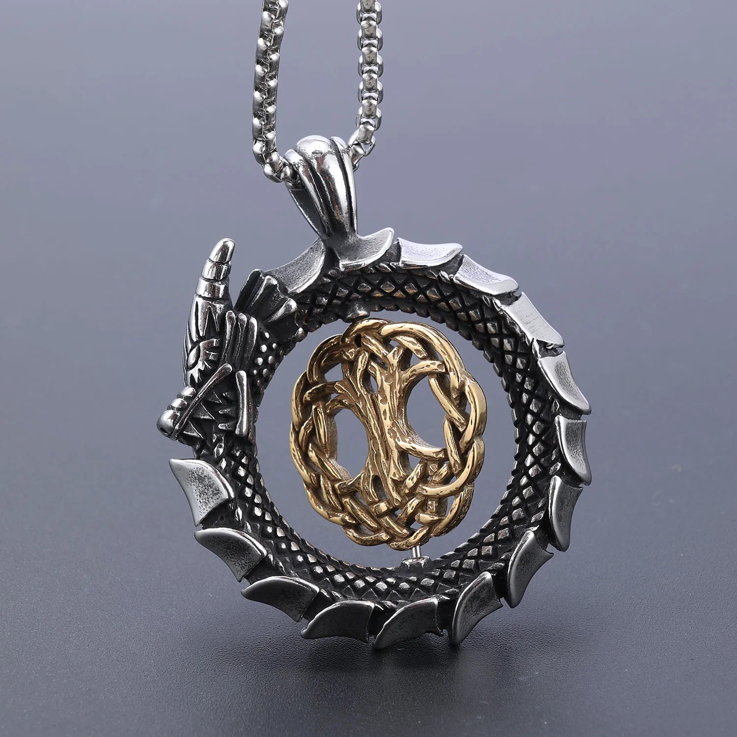 Stainless Steel Norse Viking Rotate Pendant Necklace Viking Rotatable Yggdrasil Tree of Life Serpent Snake Dragon Pendant Charm