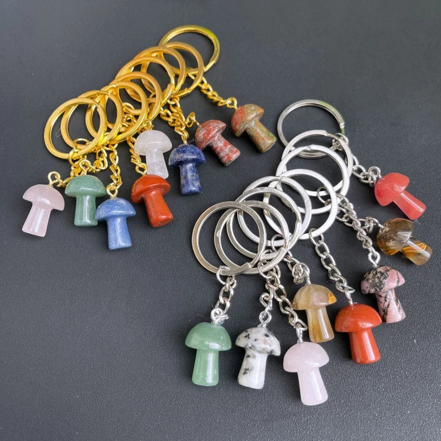 Natural Gemstone Mushroom Pendant Keychain Rings 7 Chakra Reki Healing Stones Crystal Key Chain