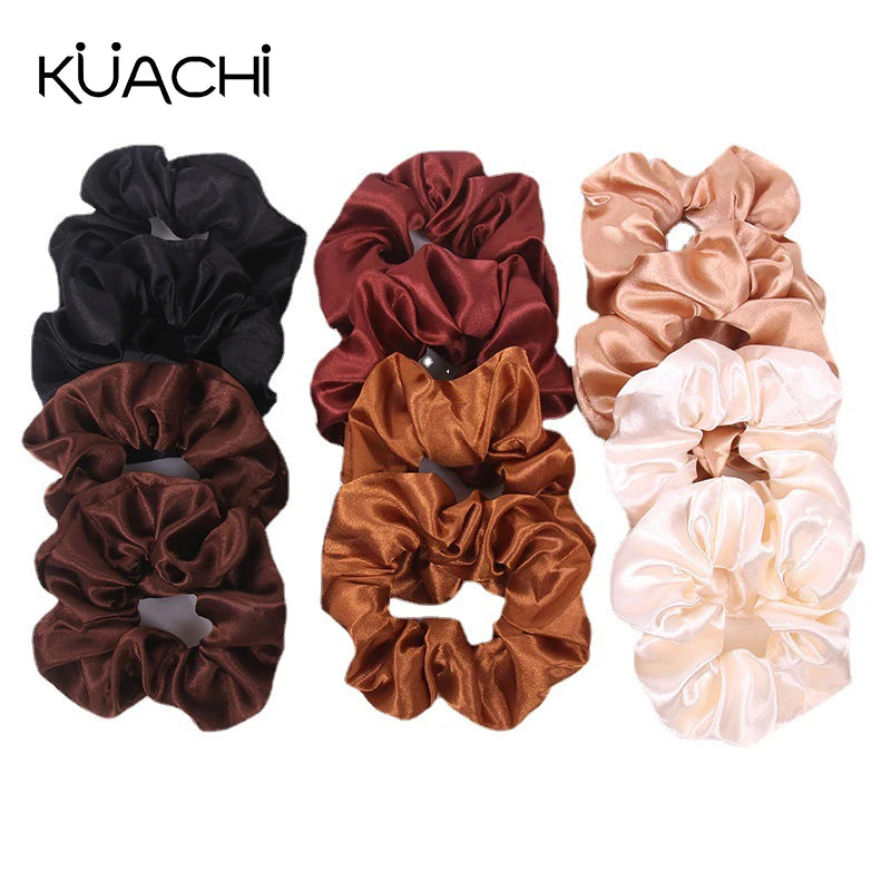 KUACHI Wholesale Cheap Large Hair Scrunchies Set Solid Color Ladies Fashion Custom Satin Scrunchies