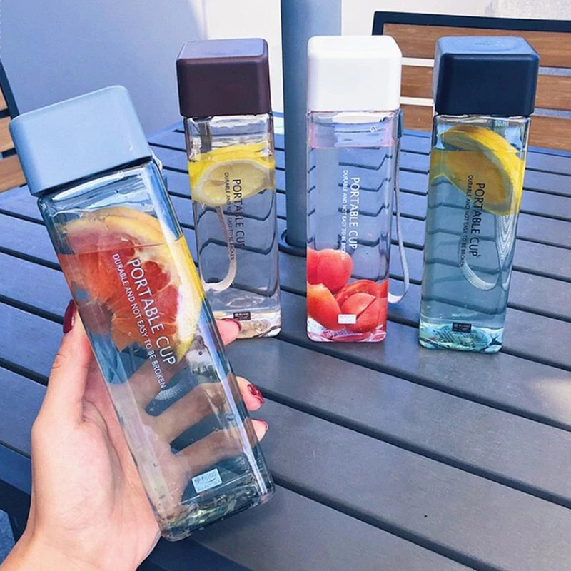 480ml Cute New Square PP Tea Milk Fruit Water Cup Water Bottles Drink With Rope Transparent Sport Korean Style Heat Resistant