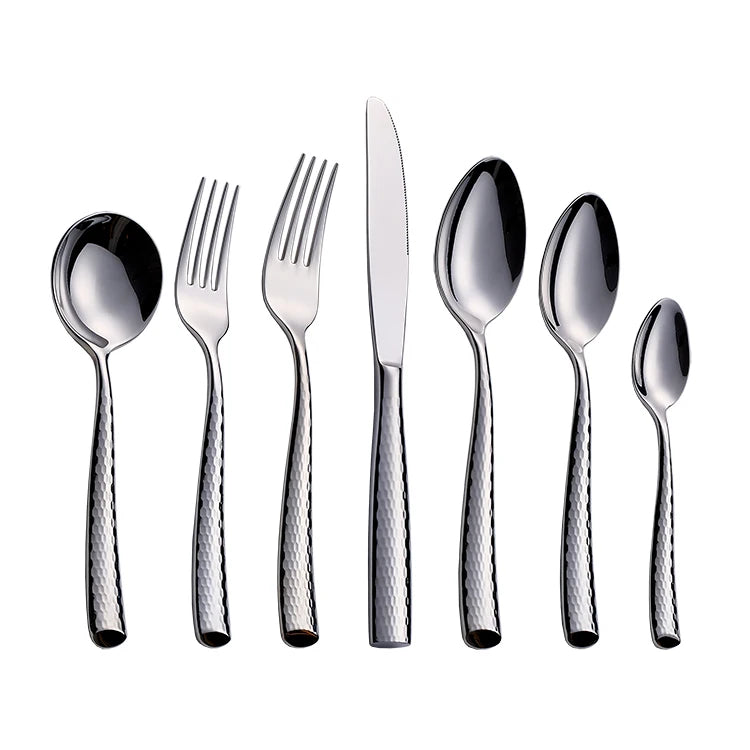 Modern Design Thick Stainless Steel 18/10 Mirror Silver American Style Hammered Cutlery Set for Hotel Restaurants